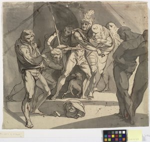 Richard Plantagenet jette la tête coupée du duc de Somerset aux pieds de son père. Illustration pour Henry VI de Shakespeare, Partie 3, acte 1, ligne 20 - Johann Heinrich Füssli