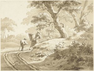 Paysage avec femme et garçon sur un chemin de campagne - Johann Heinrich Keller (II) (possibly)