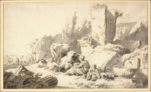 Un conducteur avec sa famille et son bétail près de ruines classiques - Johann Heinrich Roos
