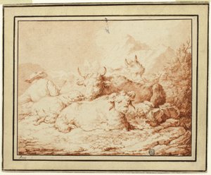 Bétail et moutons avec berger dans un paysage rocheux