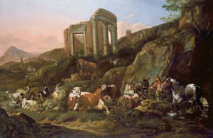 Animaux de ferme dans un paysage classique, 1684 - Johann Heinrich Roos