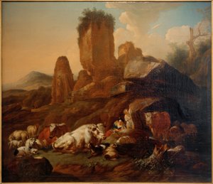 Bergère au repos et bétail - Johann Heinrich Roos
