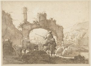 Deux bergers conduisant leur bétail à travers une rivière - Johann Heinrich Roos