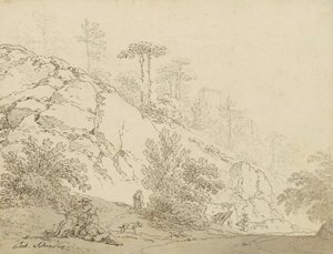 Paysans se reposant dans un terrain rocheux, en arrière-plan un château - Johann Josef Schindler