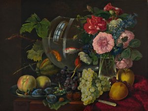 Nature morte avec bocal à poissons rouges (huile sur bois)