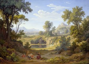 Paysage italien avec un pèlerin et des rustiques