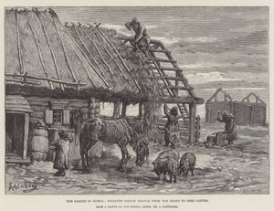 La famine en Russie, paysans prenant du chaume des toits pour nourrir le bétail - Johann Nepomuk Schonberg