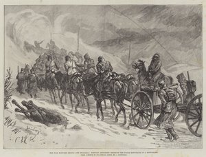 La guerre entre la Serbie et la Bulgarie, artillerie serbe traversant les montagnes de Ploca sous une tempête de neige