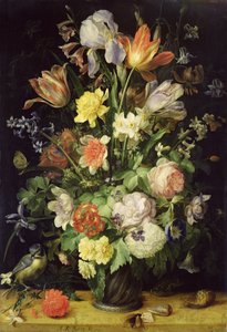 Nature morte avec fleurs et mésange bleue