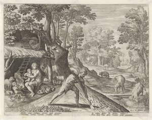 Adam et Ève travaillant hors du Paradis terrestre (Geschiedenis van de familie van Kaïn) - Johann Sadeler (I)