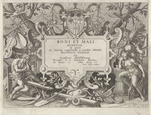 Cadre ornemental avec Adam et Ève (série Histoire de la famille de Caïn / Sur les bonnes et mauvaises actions) - Johann Sadeler (I)