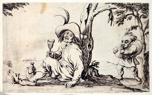 Campagnard assis se rafraîchissant et un nain avec des cornemuses