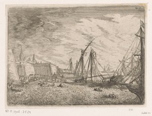 Vue du port avec des voiliers et des galères devant un mur de ville - Johann Wilhelm Baur