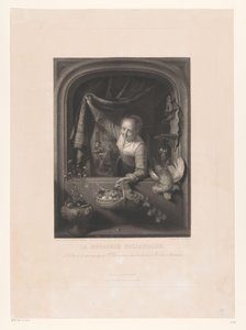 Femme avec un panier de fruits à la main près de la fenêtre. La ménagère hollandaise