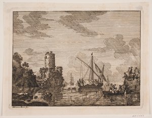 Navires sur une rivière. À gauche une tour - Johanna Fosie