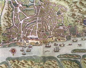 Carte de la ville et du port portugais de Goa, Inde (détail) du port et des navires marchands