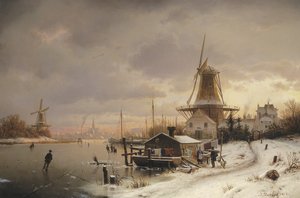 Maison-bateau sur une rivière gelée - Johannes Bartolomaus Duntze