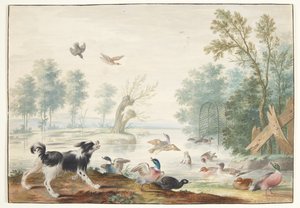 Un chien et des canards près d