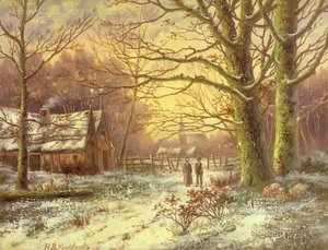 Figures sur un chemin devant un village en hiver