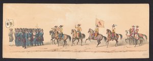 Gecostumeerde voorstelling van den intogt van Maurits, Prins van Oranje, Graaf van Nassau enz. en Willem Lodewijk, Graaf van Nassau, binnen Groningen in den jare 1594, door H.H - Johannes Hermanus van de Weijer
