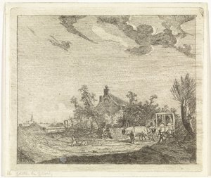 Cheval et chariot devant une maison