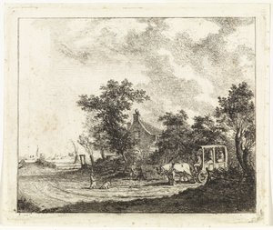 Cheval et chariot devant une maison