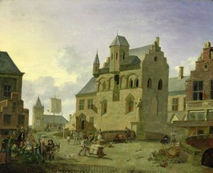 Place de la ville avec des personnages et des paysans commerçant sur une place de marché