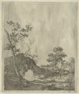 Paysage avec bétail dans une rivière