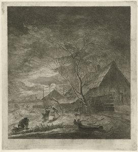 Paysage nocturne avec ferme et patineurs