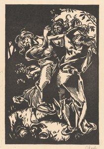 Femmes dansant avec des grappes de raisin et satyre