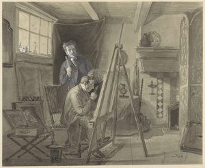 Autoportrait de Johannes Marius van Kate, debout dans son atelier avec un visiteur