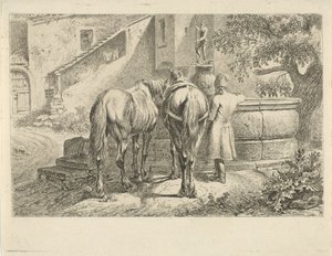Chevaux buvant à une fontaine