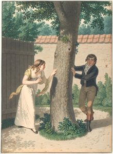 Jeune homme et fille jouant à cache-cache - Johannes Senn