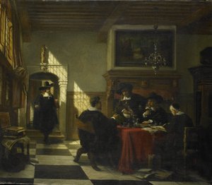 Groupe en costume du XVIIe siècle à une table avec une coupe de nautile - Johannes Stroebel
