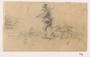 Chasseur avec chiens et un lièvre sur le dos