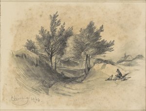 Paysage de lande près de Cleverberg avec un homme assis avec un chien - Johannes Tavenraat
