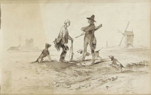 Chasseurs avec chiens dans un paysage avec un moulin - Johannes Tavenraat