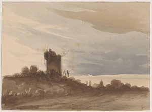 Paysage avec une tour en ruine