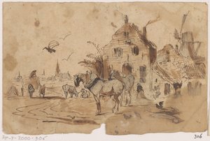 Chevaux dételés devant une maison