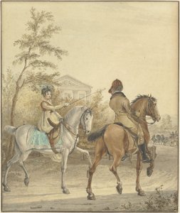 Homme et femme à cheval sur un chemin de campagne - Johannes Vinkeles