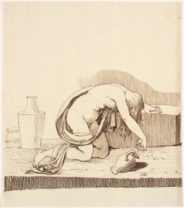 Femme nue penchée en avant (ivre) avec une cruche de vin vide - Johannes Wiedewelt