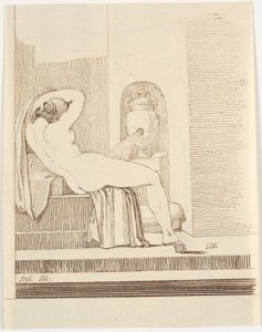 Femme nue avec drapé vue de dos, devant une fontaine