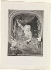 Femme avec panier de fruits à la main près de la fenêtre - Johannes de Mare