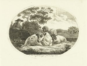 Vache, mouton et bélier dans un pré et fermier appuyé sur une clôture - Johannes van Cuylenburgh