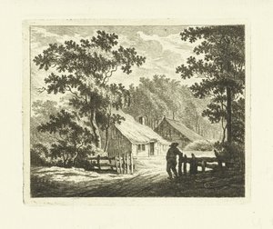 Paysage avec ferme et cour avec clôture