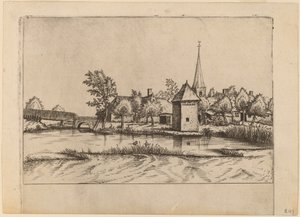 Village de campagne avec église et pont