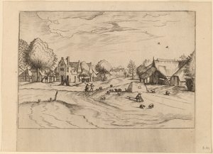 Village de Campagne avec Moutons et Berger Assis