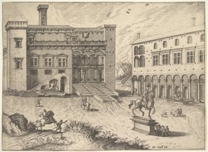 Vue du Campidoglio sur la colline du Capitole, avec statue équestre en bas à droite, 1562