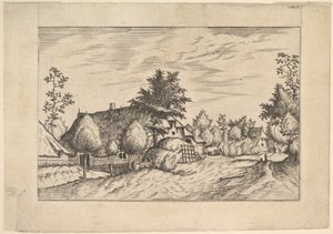 Rue de village, foin empilé devant une ferme - Johannes van Doetecum I