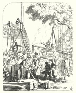 Ouvriers sur le site du Crystal Palace, Hyde Park, Londres, lieu de la Grande Exposition de 1851 - John (after) Gilbert